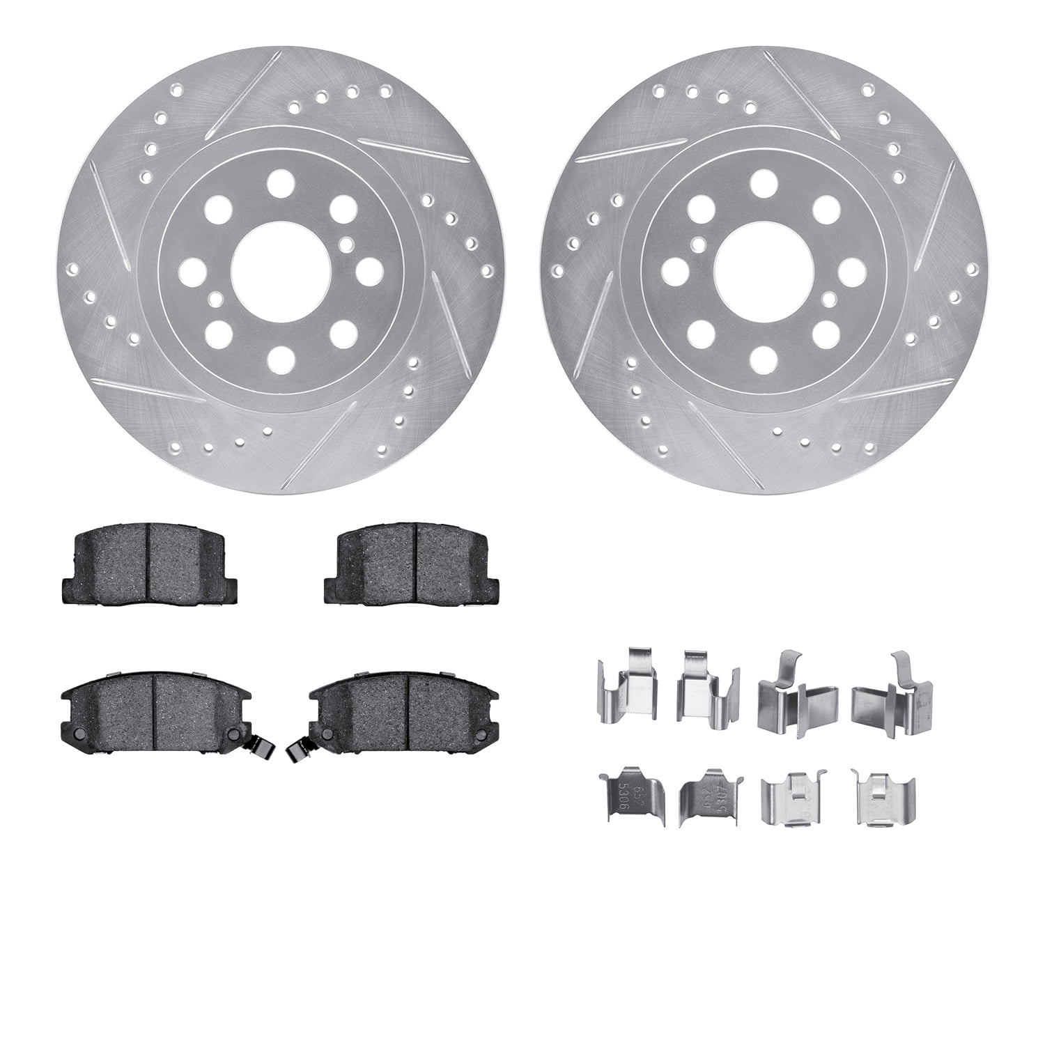 Dynamic Friction Company Rear Brake Rotors-Drilled and Slotted-Silver with 5000 Advanced Brake Pads includes Hardware 7512-76092
