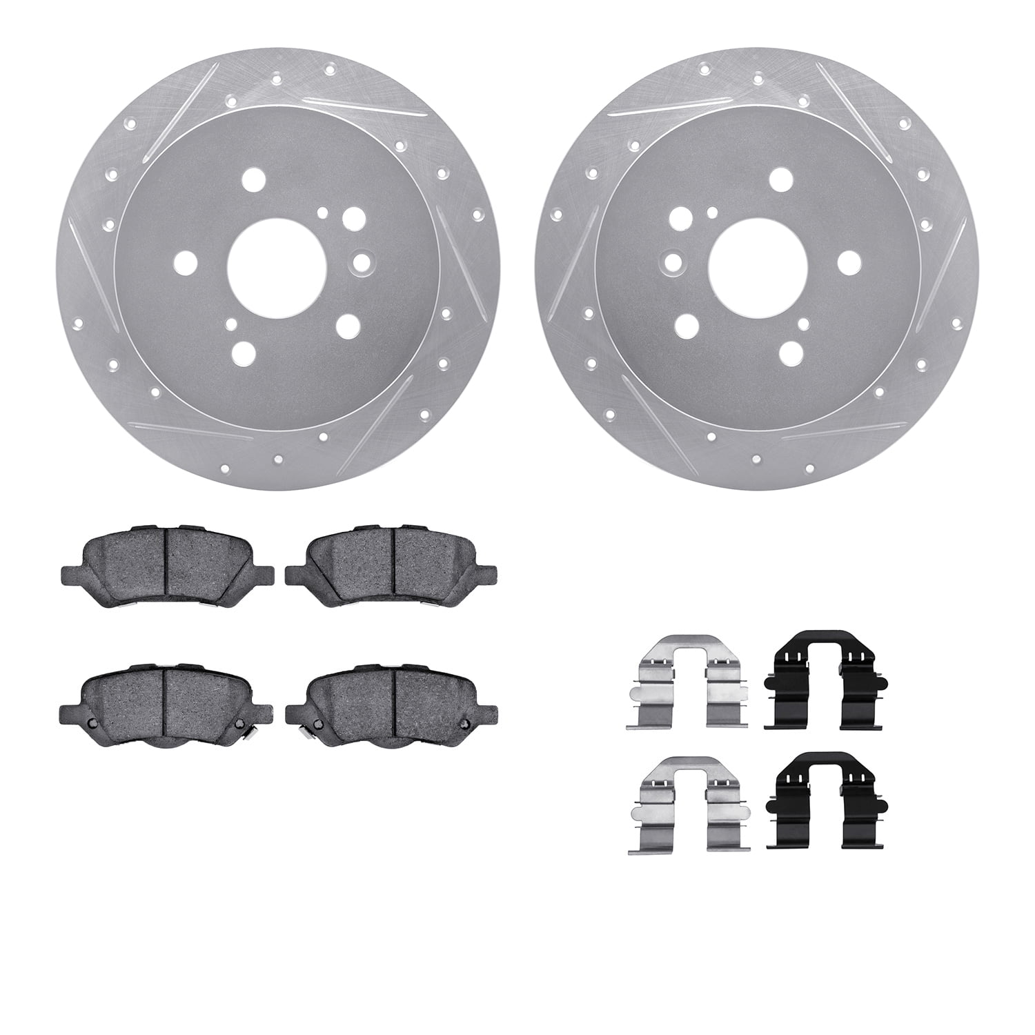 Dynamic Friction Company Rear Brake Rotors-Drilled and Slotted-Silver with 5000 Advanced Brake Pads includes Hardware 7512-76169