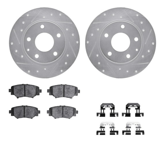 Dynamic Friction Company Rear Brake Rotors-Drilled and Slotted-Silver with 5000 Advanced Brake Pads includes Hardware 7512-80042