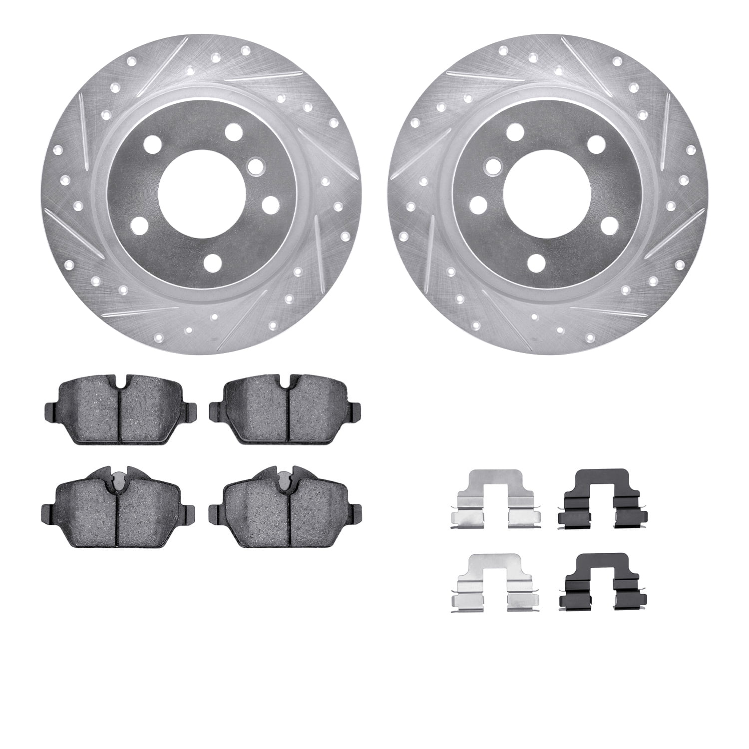 Dynamic Friction Company Rear Brake Rotors-Drilled and Slotted-Silver with 5000 Advanced Brake Pads includes Hardware 7512-92005
