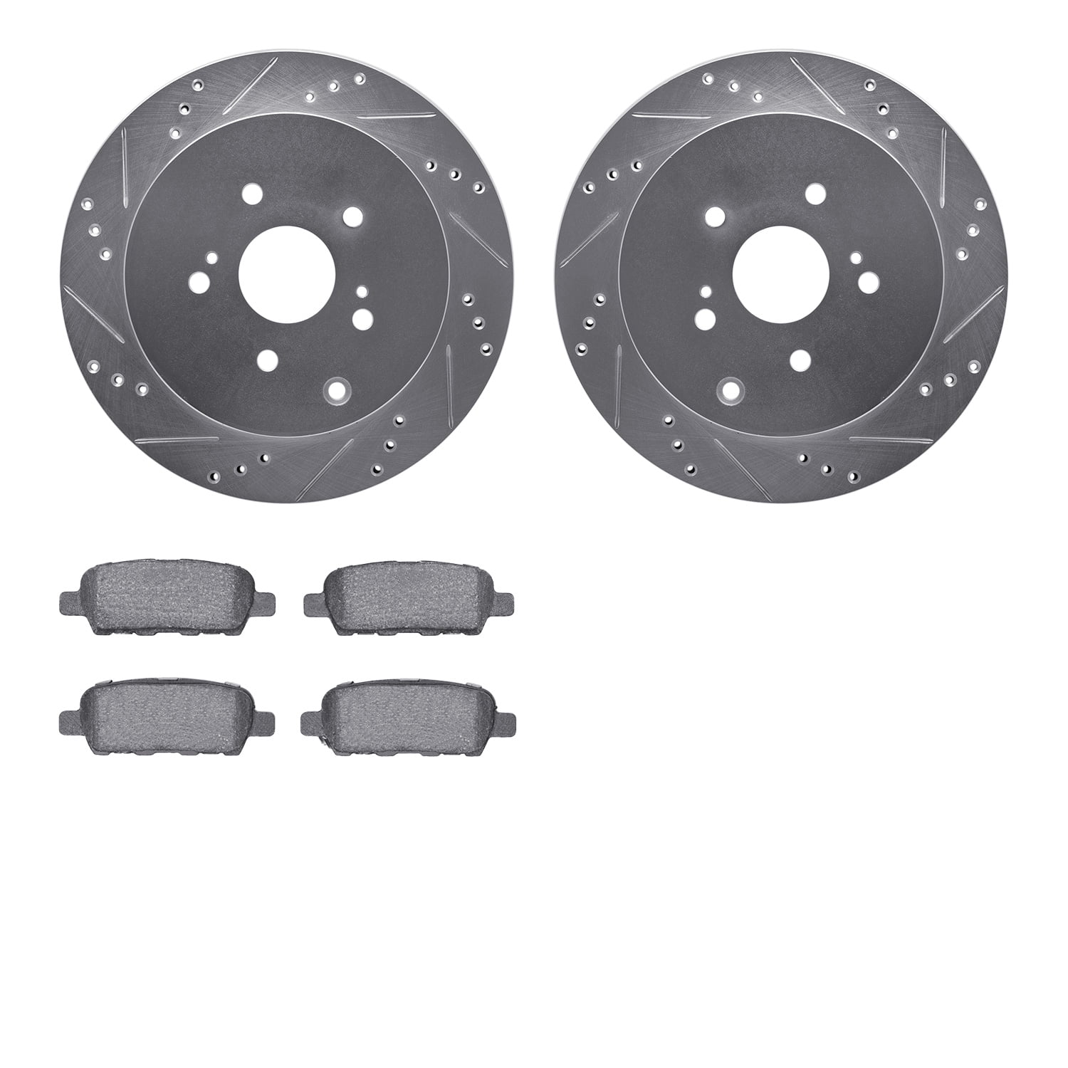Dynamic Friction Company Rear Brake Rotors Drilled and Slotted Silver with 5000 Euro Ceramic Brake Pads - 7602-02015