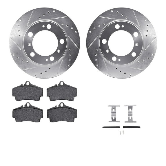 Dynamic Friction Company Rear Brake Rotors-Drilled and Slotted-Silver with 5000 Euro Ceramic Brake Pads includes Hardware 7612-02008