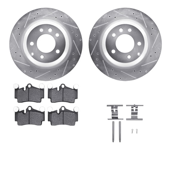 Dynamic Friction Company Rear Brake Rotors-Drilled and Slotted-Silver with 5000 Euro Ceramic Brake Pads includes Hardware 7612-02010