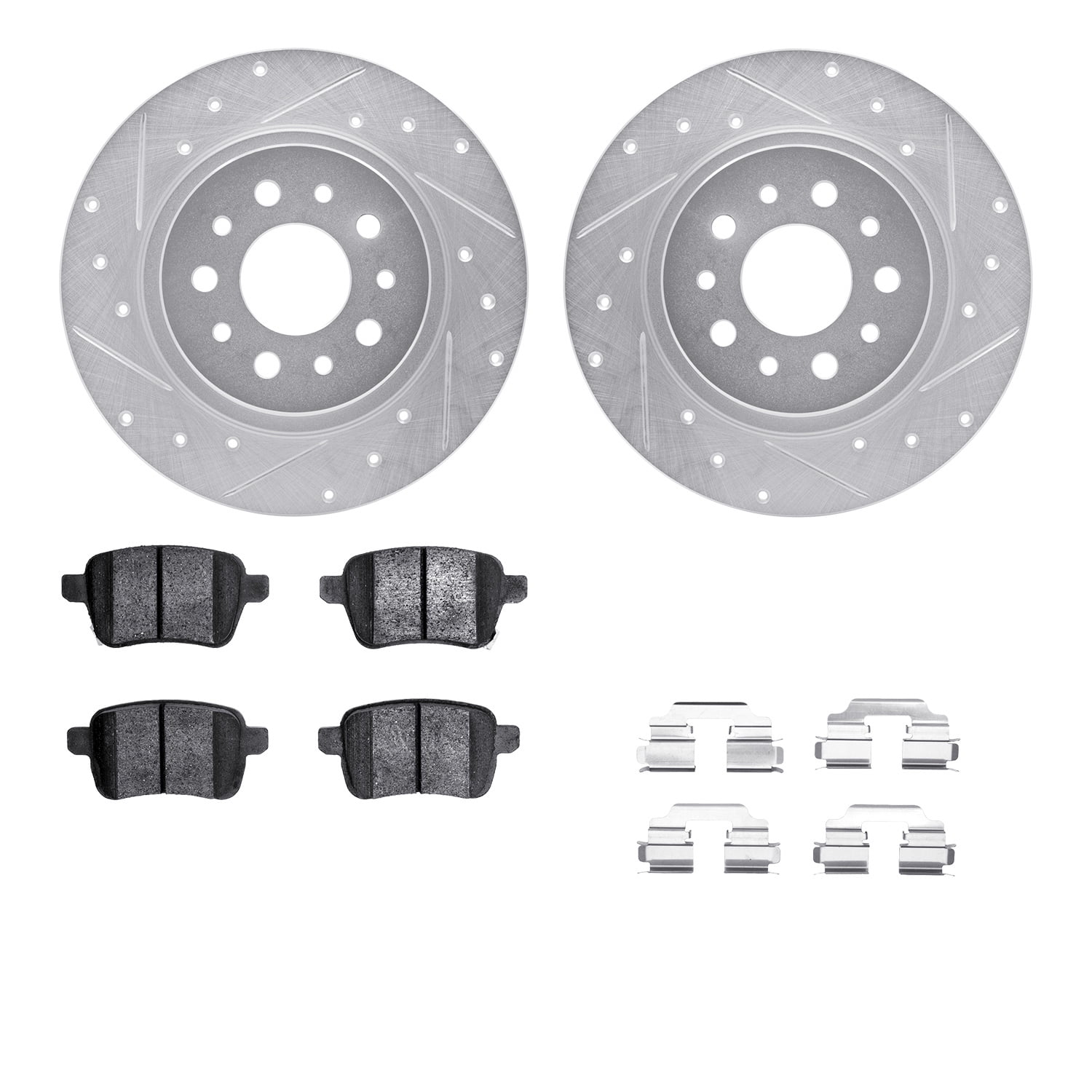 Dynamic Friction Company Rear Brake Rotors-Drilled and Slotted-Silver with 5000 Euro Ceramic Brake Pads includes Hardware 7612-07002