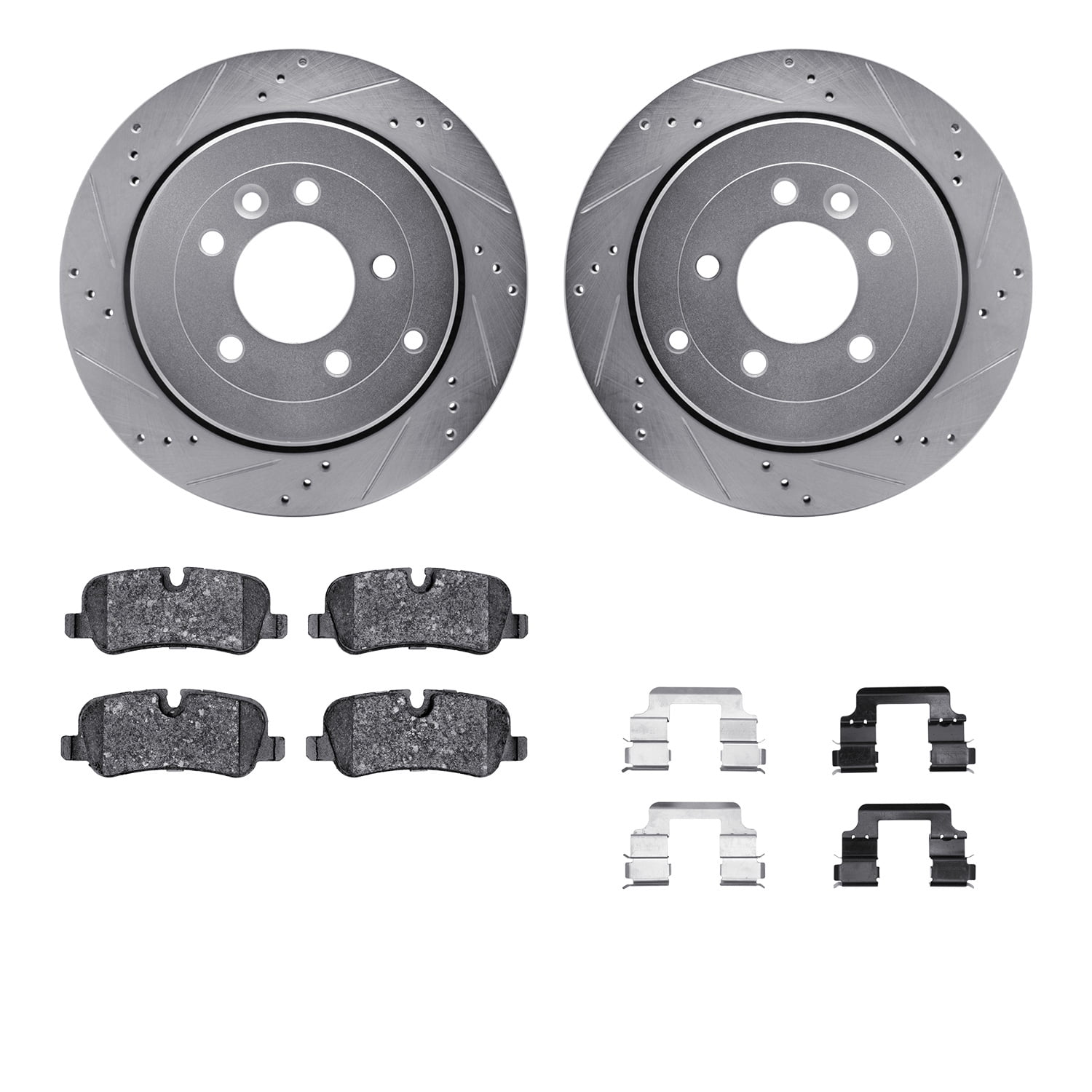 Dynamic Friction Company Rear Brake Rotors-Drilled and Slotted-Silver with 5000 Euro Ceramic Brake Pads includes Hardware 7612-11010