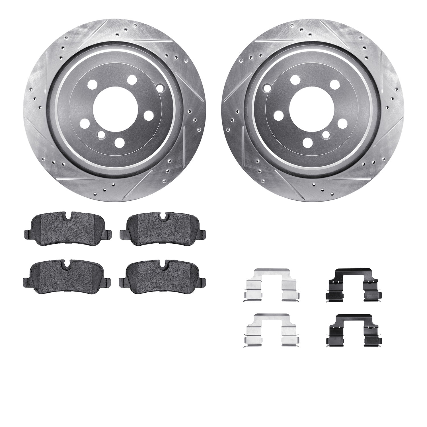 Dynamic Friction Company Rear Brake Rotors-Drilled and Slotted-Silver with 5000 Euro Ceramic Brake Pads includes Hardware 7612-11015