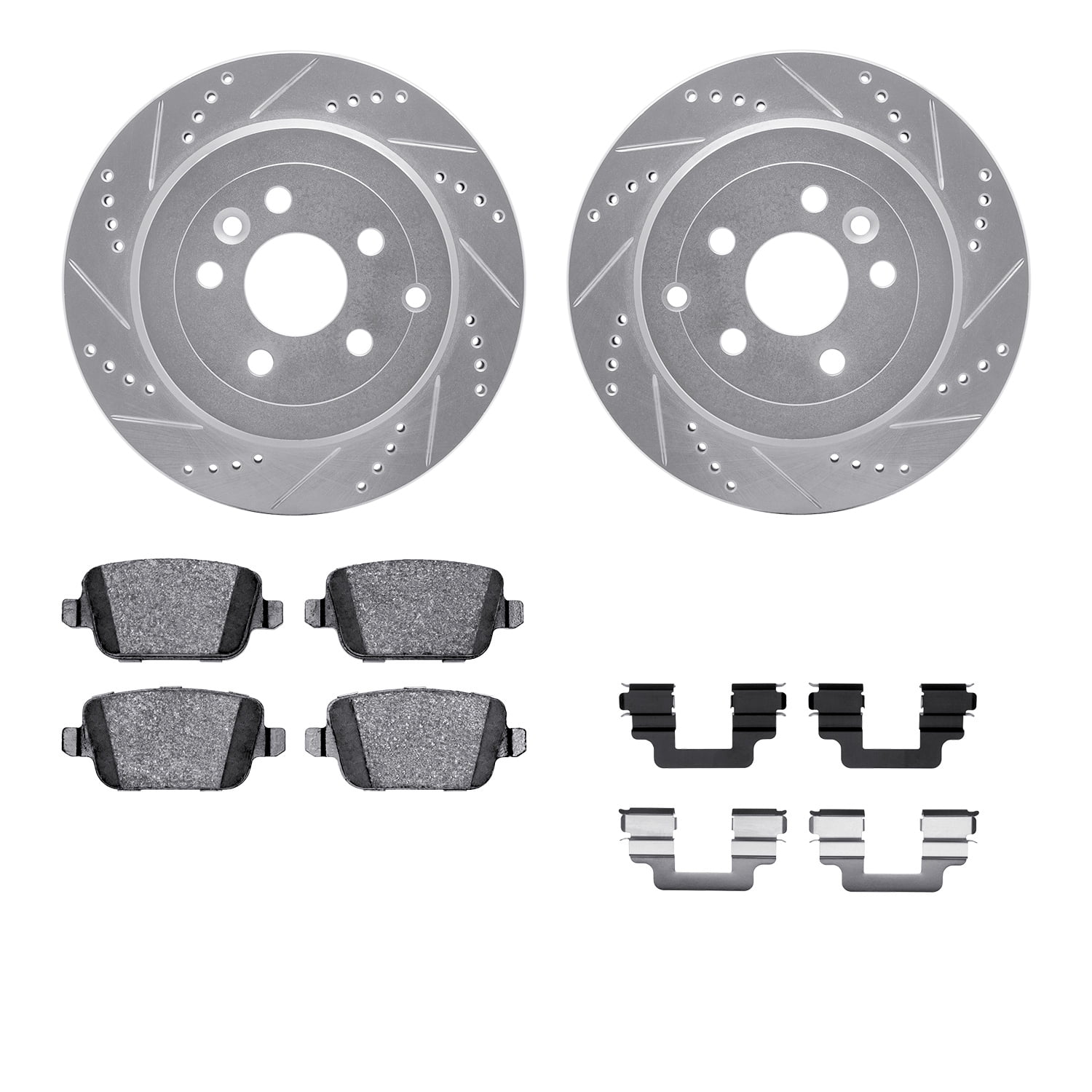 Dynamic Friction Company Rear Brake Rotors-Drilled and Slotted-Silver with 5000 Euro Ceramic Brake Pads includes Hardware 7612-11016