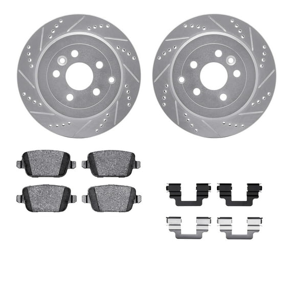Dynamic Friction Company Rear Brake Rotors-Drilled and Slotted-Silver with 5000 Euro Ceramic Brake Pads includes Hardware 7612-11016