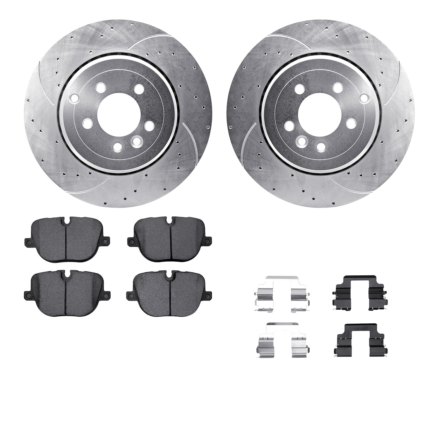 Dynamic Friction Company Rear Brake Rotors-Drilled and Slotted-Silver with 5000 Euro Ceramic Brake Pads includes Hardware 7612-11019