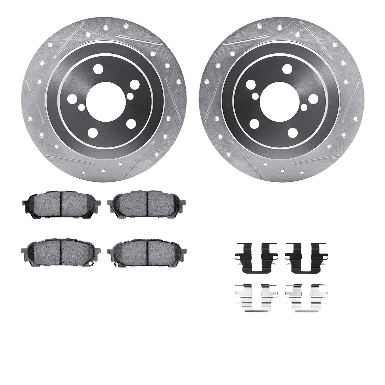 Dynamic Friction Company Rear Brake Rotors-Drilled and Slotted-Silver with 5000 Euro Ceramic Brake Pads includes Hardware 7612-13000