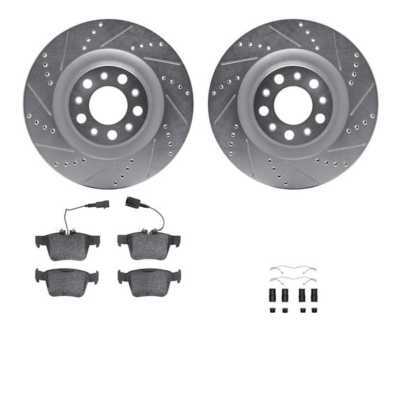 Dynamic Friction Company Rear Brake Rotors-Drilled and Slotted-Silver with 5000 Euro Ceramic Brake Pads includes Hardware 7612-16006