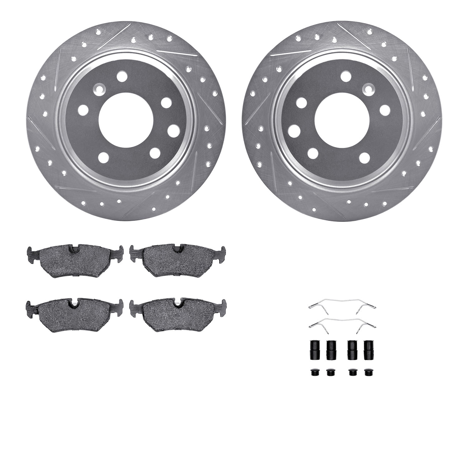 Dynamic Friction Company Rear Brake Rotors-Drilled and Slotted-Silver with 5000 Euro Ceramic Brake Pads includes Hardware 7612-20003