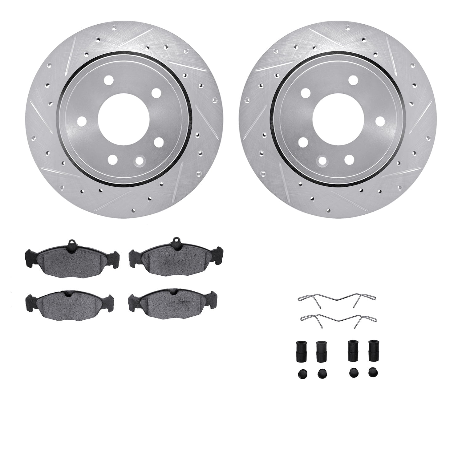 Dynamic Friction Company Rear Brake Rotors-Drilled and Slotted-Silver with 5000 Euro Ceramic Brake Pads includes Hardware 7612-20005