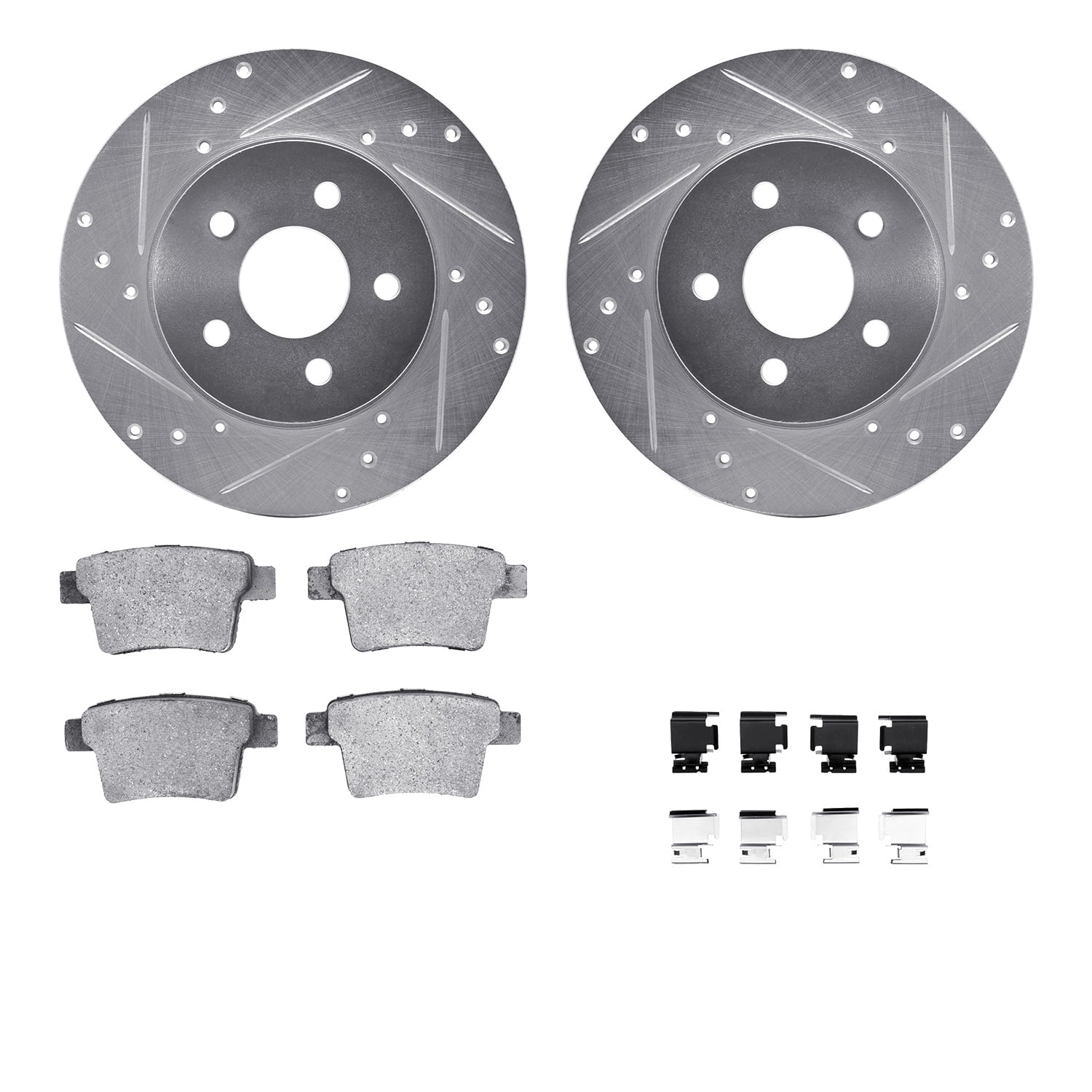 Dynamic Friction Company Rear Brake Rotors-Drilled and Slotted-Silver with 5000 Euro Ceramic Brake Pads includes Hardware 7612-20008