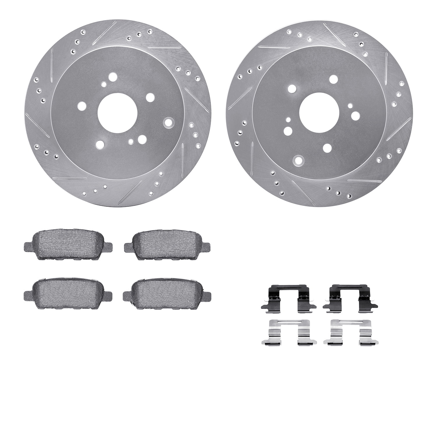 Dynamic Friction Company Rear Brake Rotors Drilled and Slotted Silver with 5000 Euro Ceramic Brake Pads includes Hardware - 7612-20010