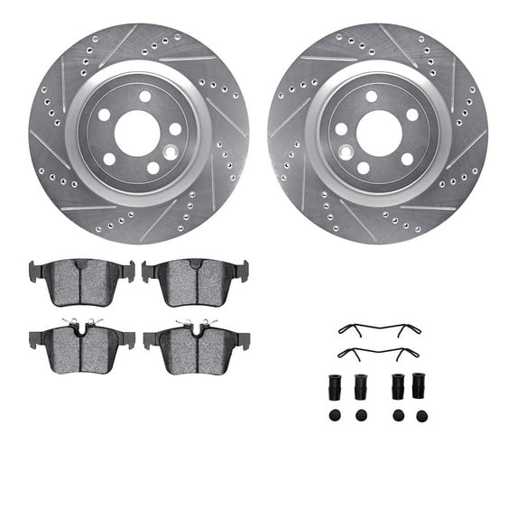 Dynamic Friction Company Rear Brake Rotors-Drilled and Slotted-Silver with 5000 Euro Ceramic Brake Pads includes Hardware 7612-20025