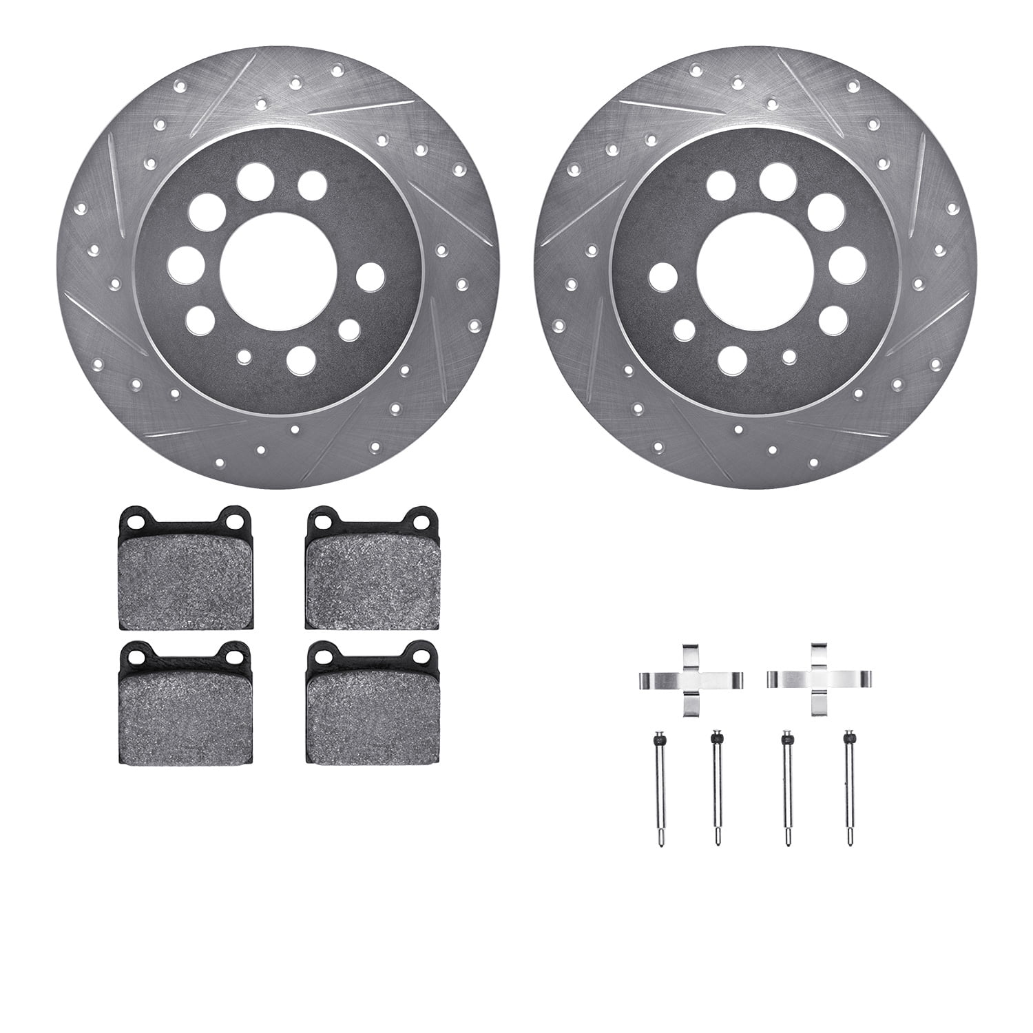 Dynamic Friction Company Rear Brake Rotors-Drilled and Slotted-Silver with 5000 Euro Ceramic Brake Pads includes Hardware 7612-27009