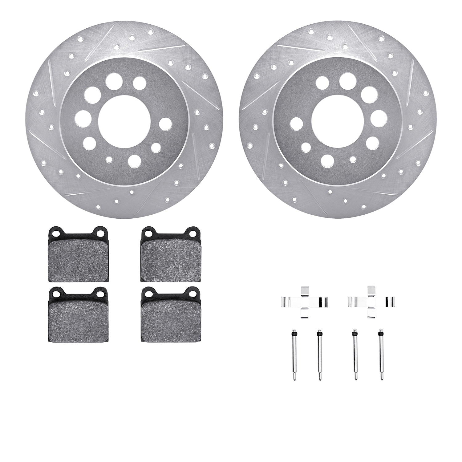Dynamic Friction Company Rear Brake Rotors-Drilled and Slotted-Silver with 5000 Euro Ceramic Brake Pads includes Hardware 7612-27010