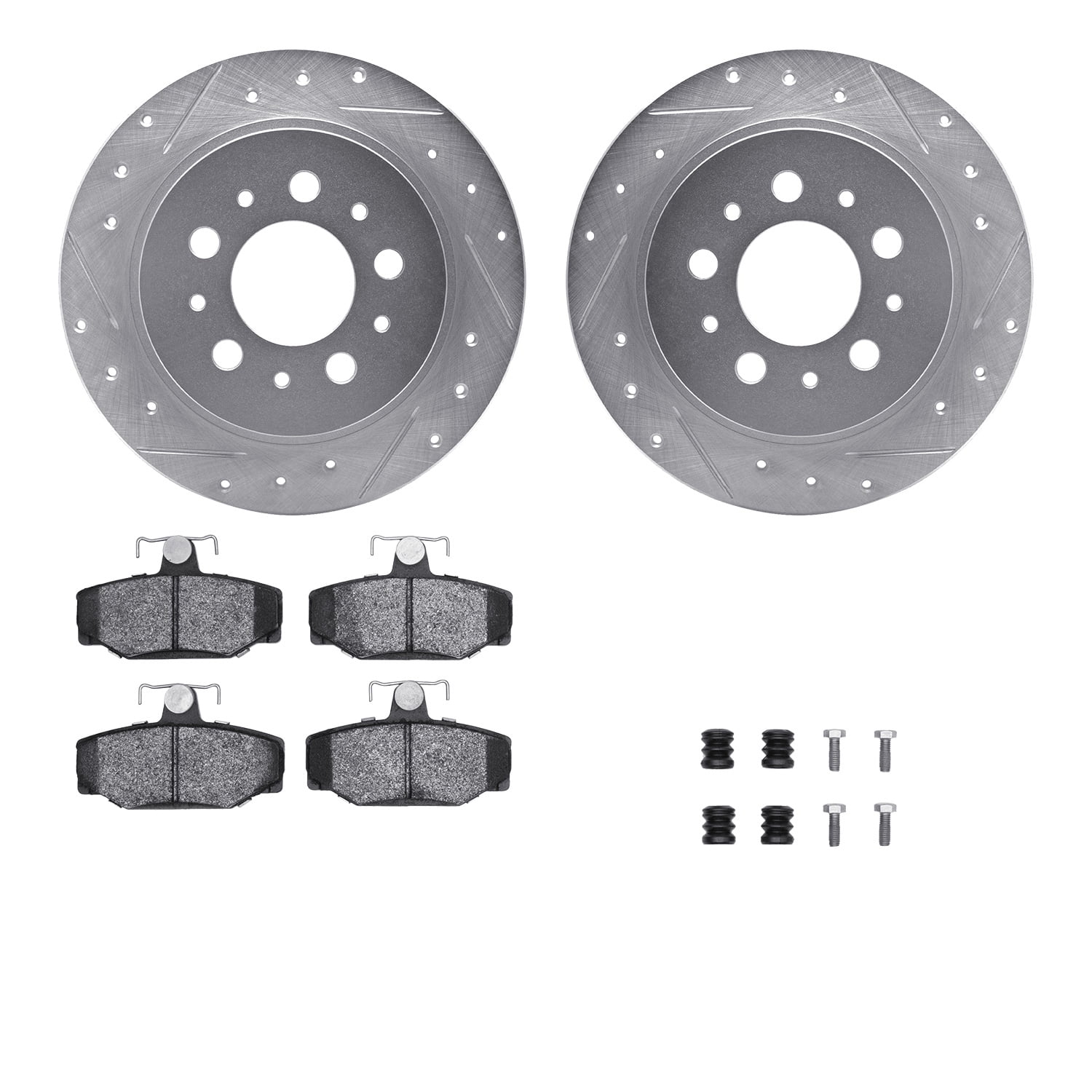 Dynamic Friction Company Rear Brake Rotors-Drilled and Slotted-Silver with 5000 Euro Ceramic Brake Pads includes Hardware 7612-27017