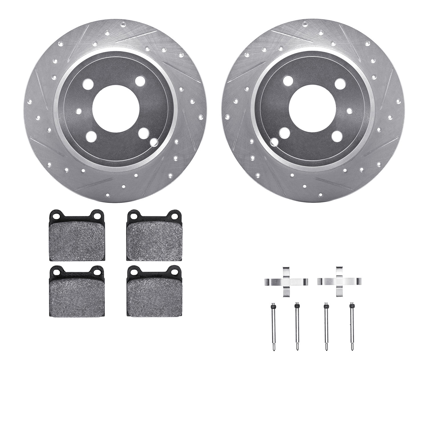 Dynamic Friction Company Rear Brake Rotors-Drilled and Slotted-Silver with 5000 Euro Ceramic Brake Pads includes Hardware 7612-27020