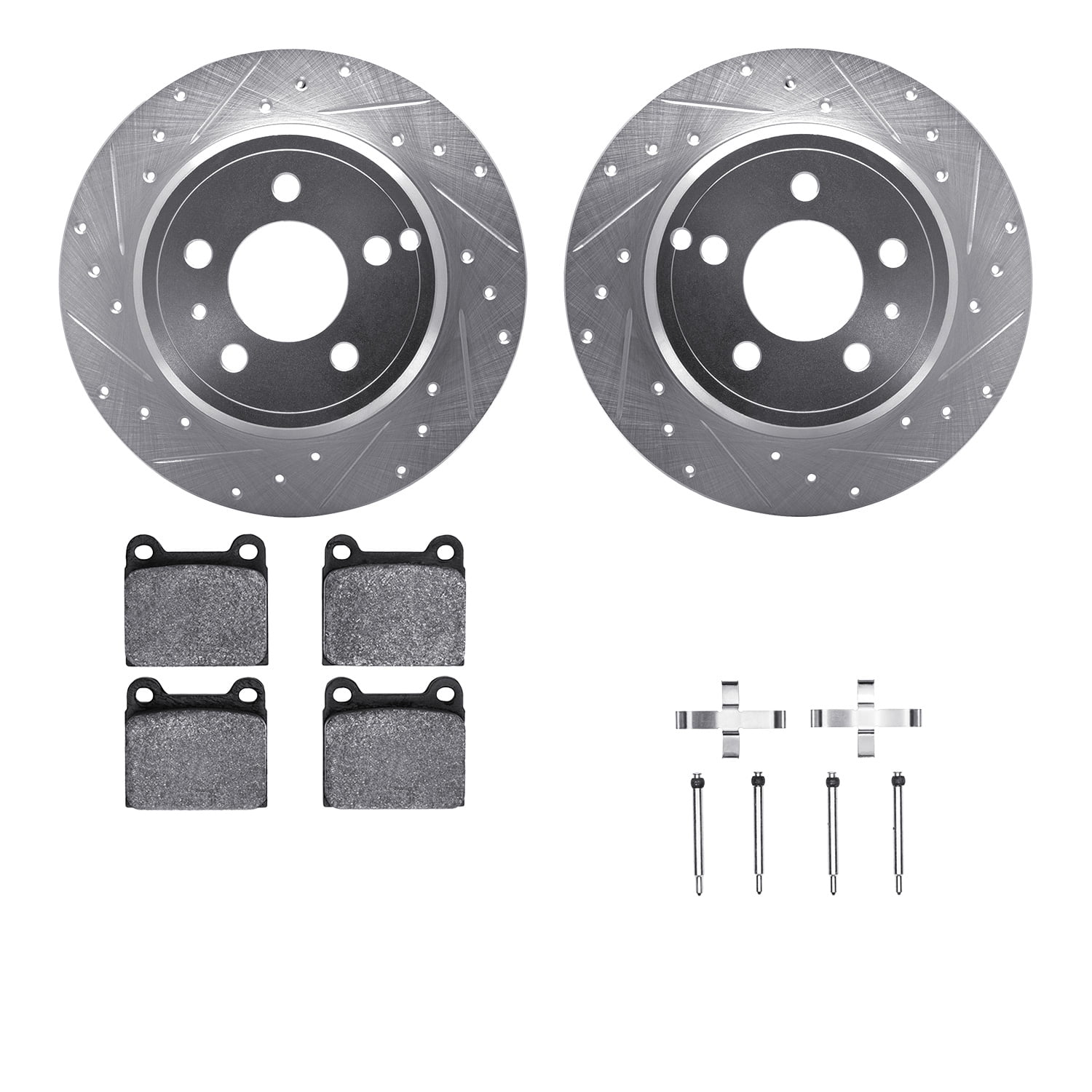 Dynamic Friction Company Rear Brake Rotors-Drilled and Slotted-Silver with 5000 Euro Ceramic Brake Pads includes Hardware 7612-27023