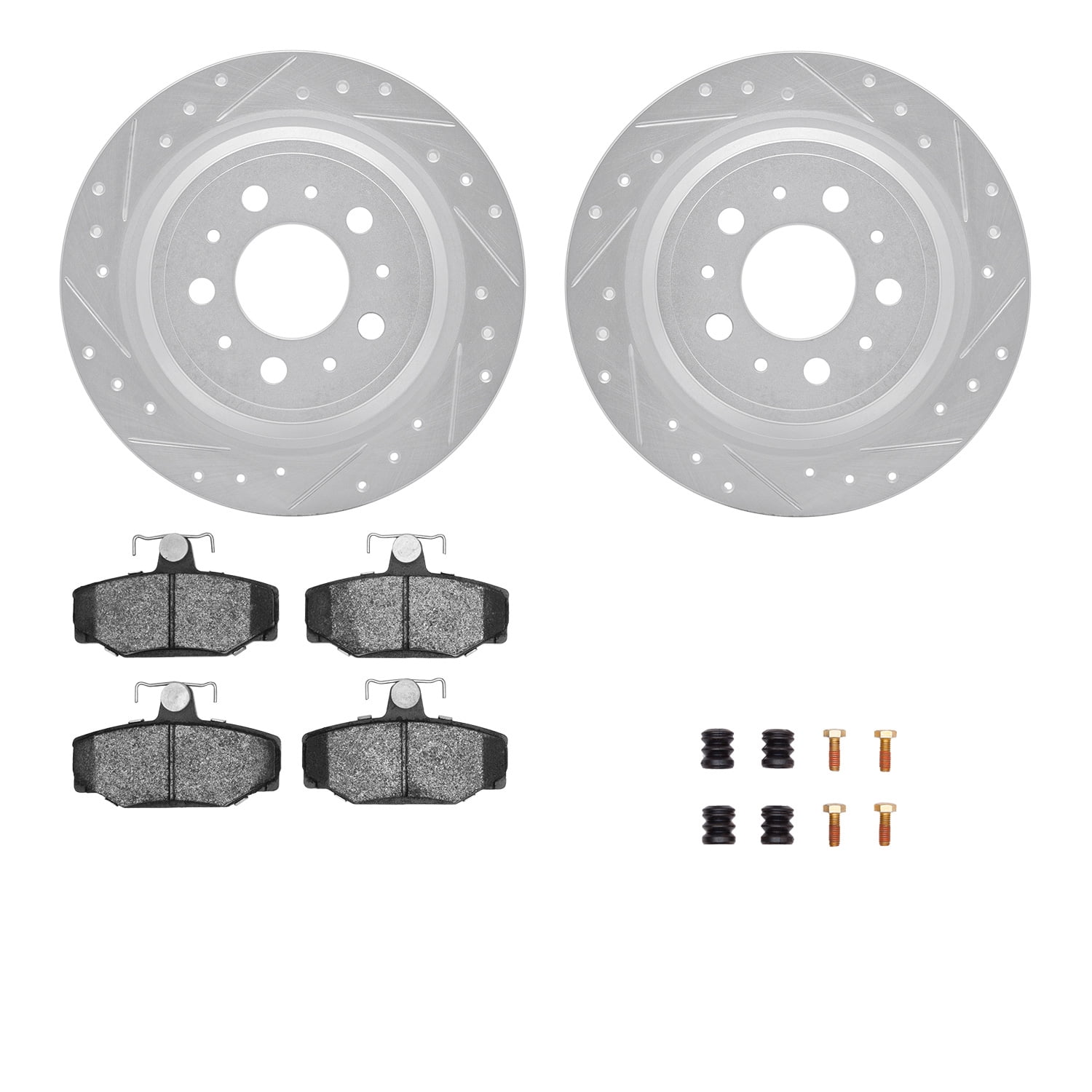 Dynamic Friction Company Rear Brake Rotors-Drilled and Slotted-Silver with 5000 Euro Ceramic Brake Pads includes Hardware 7612-27028