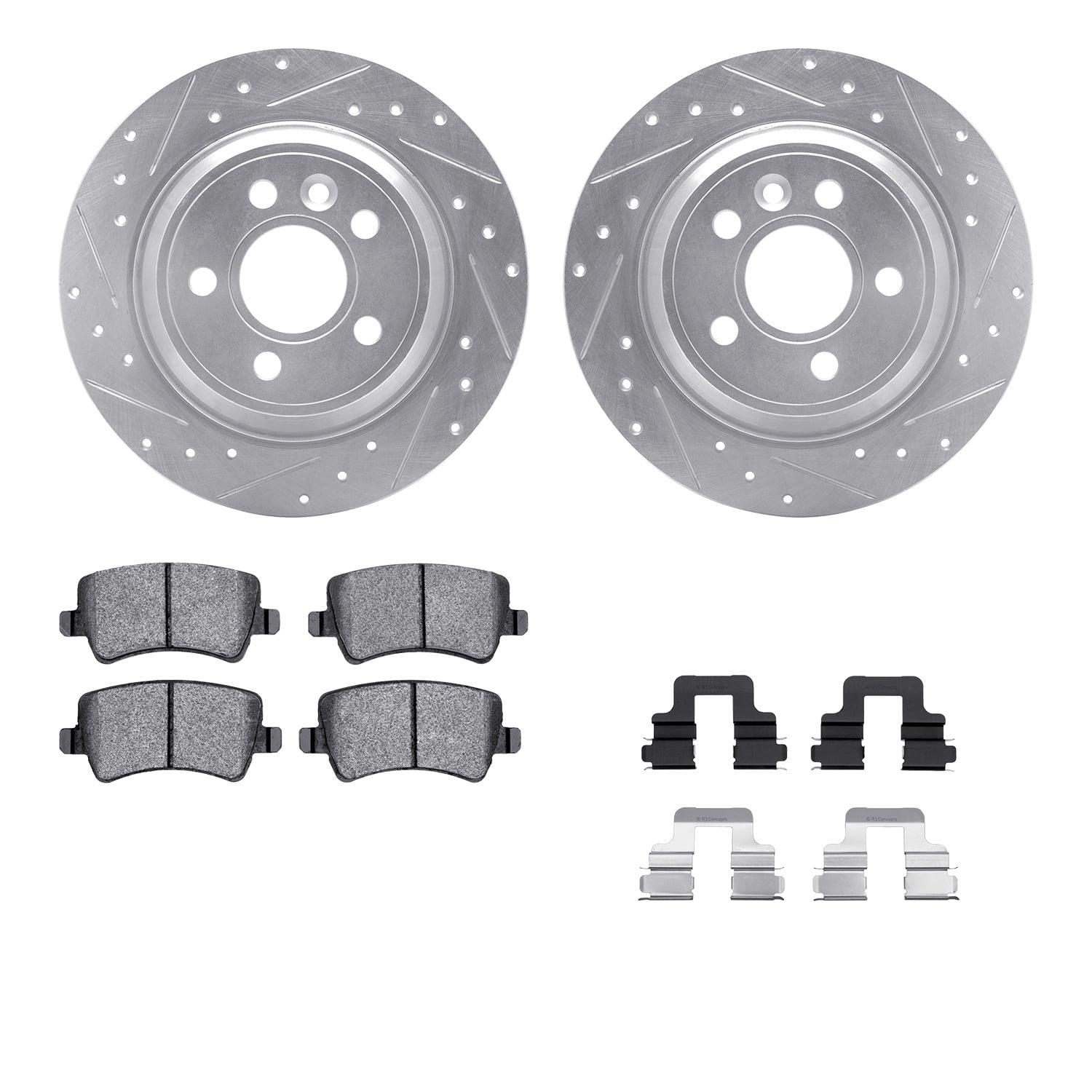 Dynamic Friction Company Rear Brake Rotors-Drilled and Slotted-Silver with 5000 Euro Ceramic Brake Pads includes Hardware 7612-27036