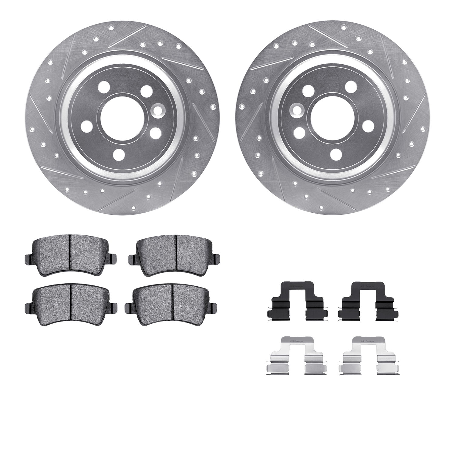 Dynamic Friction Company Rear Brake Rotors-Drilled and Slotted-Silver with 5000 Euro Ceramic Brake Pads includes Hardware 7612-27039