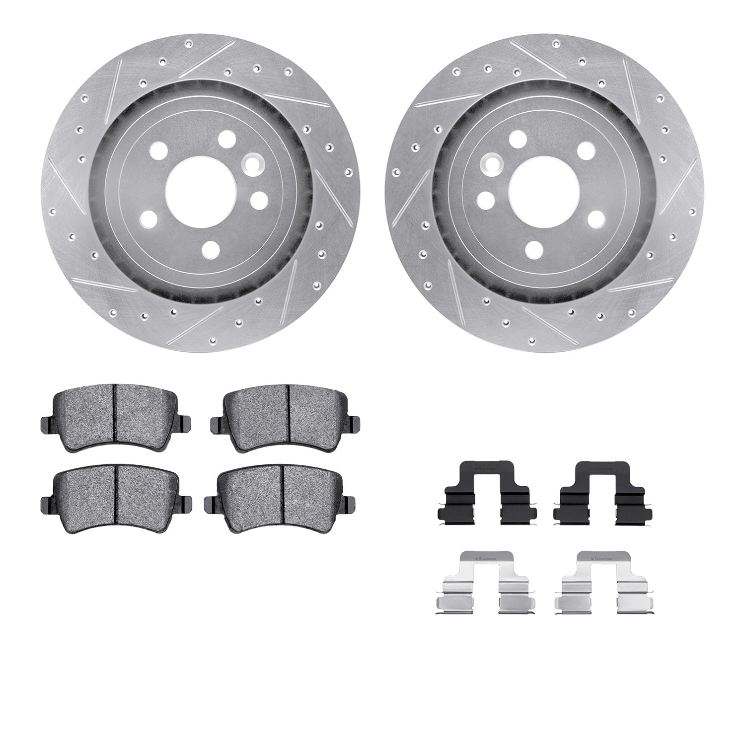 Dynamic Friction Company Rear Brake Rotors-Drilled and Slotted-Silver with 5000 Euro Ceramic Brake Pads includes Hardware 7612-27042