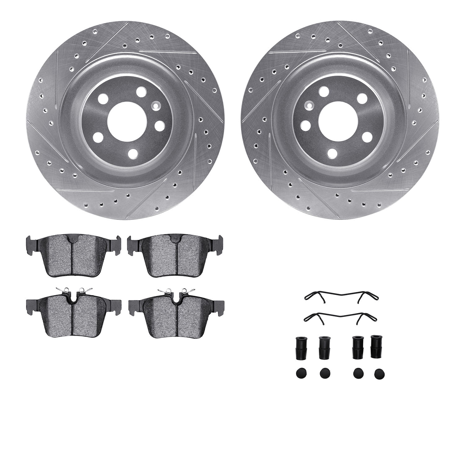 Dynamic Friction Company Rear Brake Rotors-Drilled and Slotted-Silver with 5000 Euro Ceramic Brake Pads includes Hardware 7612-27052