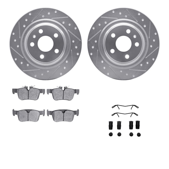 Dynamic Friction Company Rear Brake Rotors-Drilled and Slotted-Silver with 5000 Euro Ceramic Brake Pads includes Hardware 7612-27054