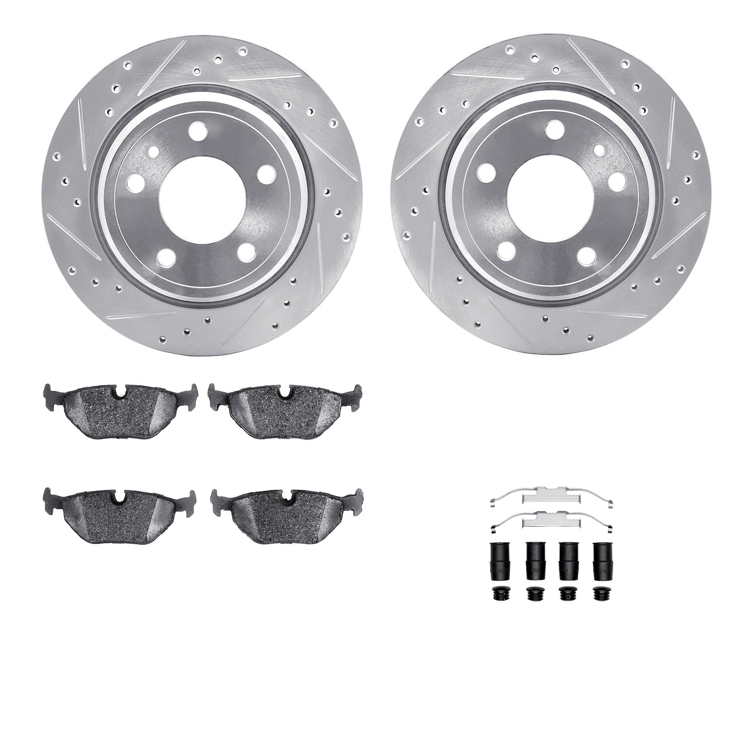 Dynamic Friction Company Rear Brake Rotors-Drilled and Slotted-Silver with 5000 Euro Ceramic Brake Pads includes Hardware 7612-31023
