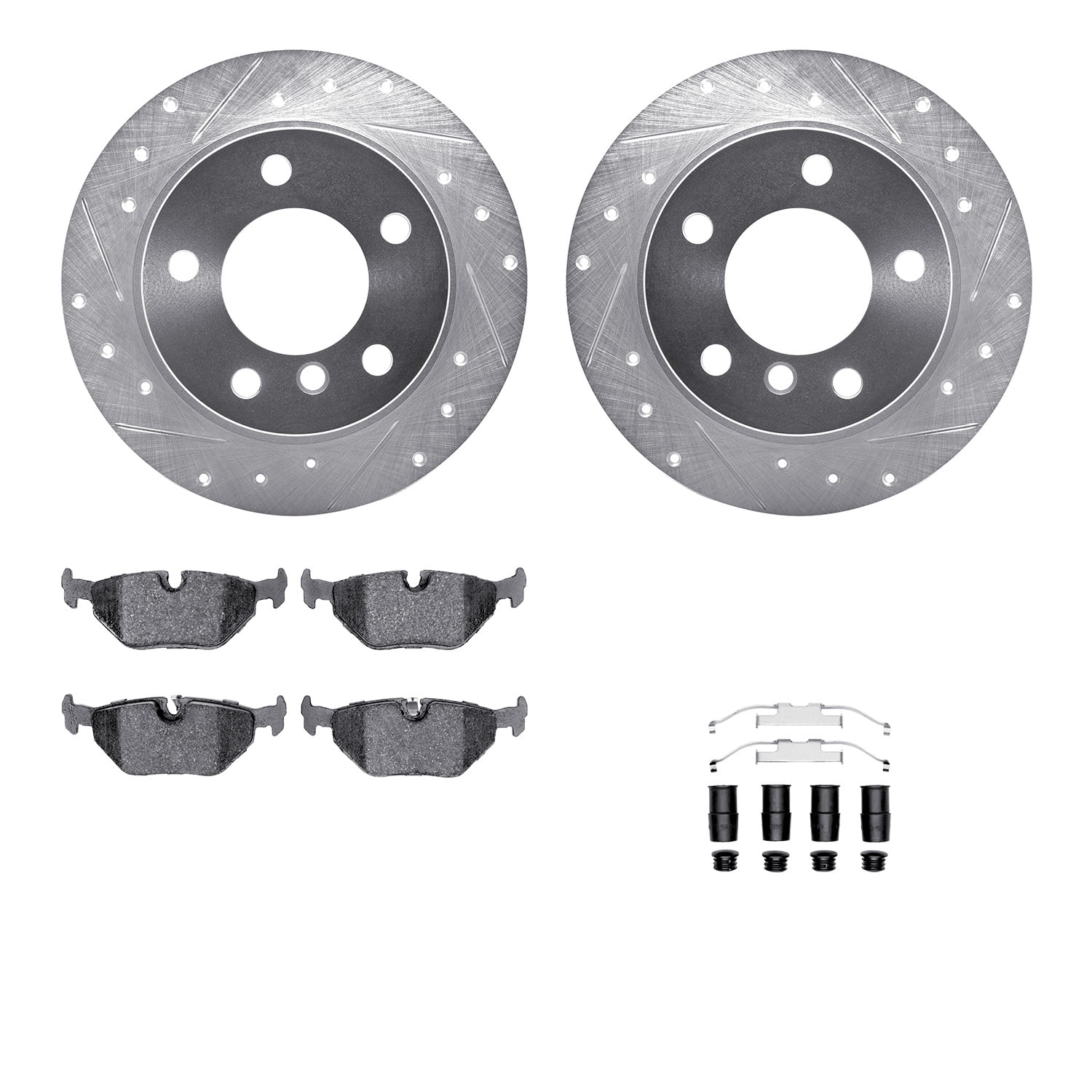 Dynamic Friction Company Rear Brake Rotors-Drilled and Slotted-Silver with 5000 Euro Ceramic Brake Pads includes Hardware 7612-31036