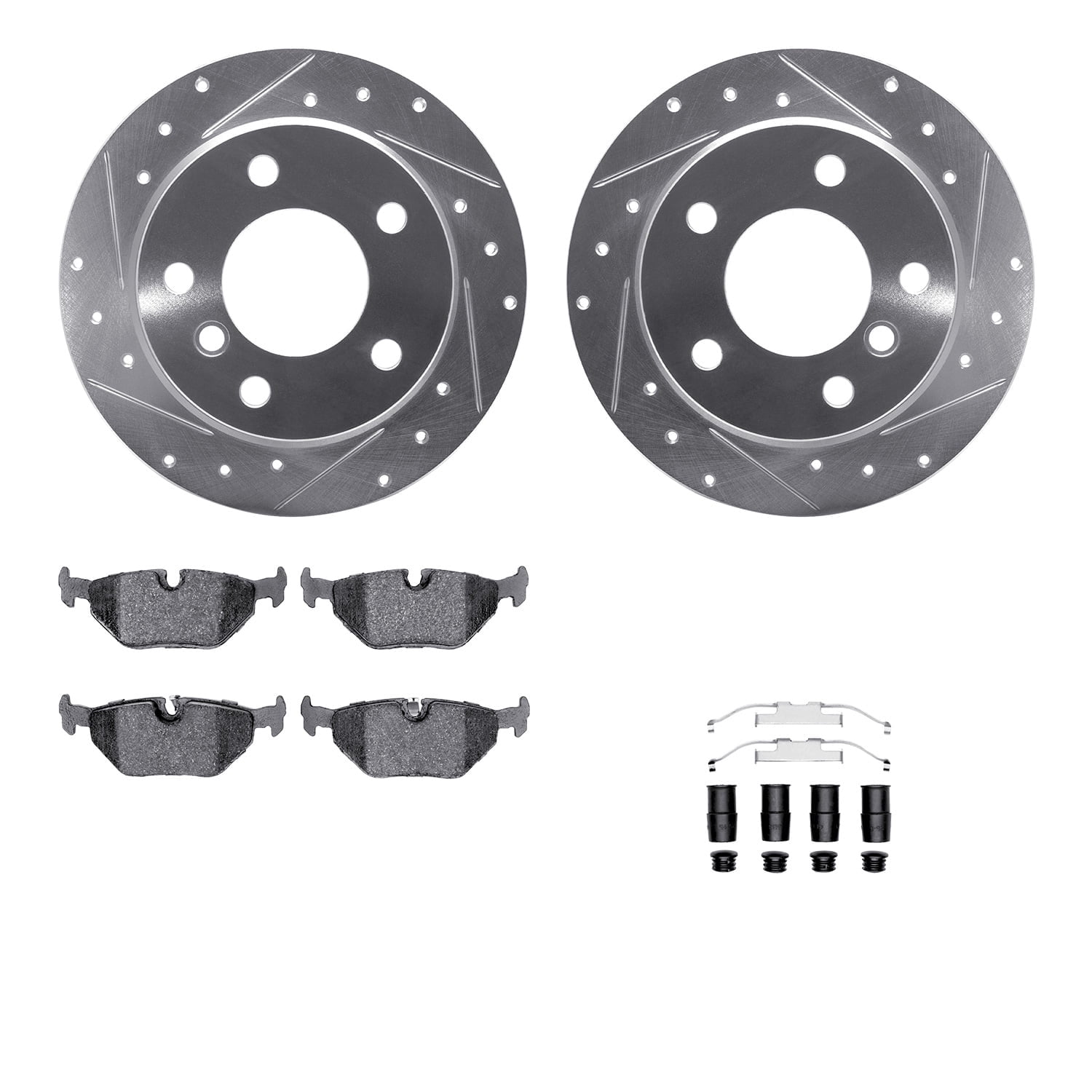 Dynamic Friction Company Rear Brake Rotors-Drilled and Slotted-Silver with 5000 Euro Ceramic Brake Pads includes Hardware 7612-31042