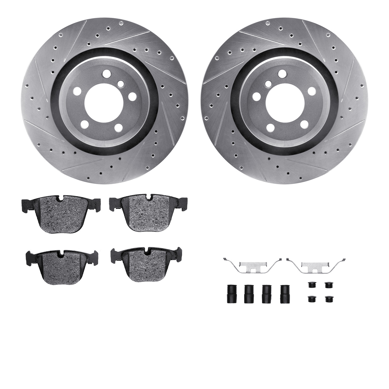 Dynamic Friction Company Rear Brake Rotors-Drilled and Slotted-Silver with 5000 Euro Ceramic Brake Pads includes Hardware 7612-31073