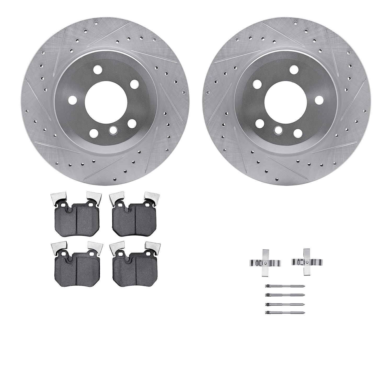 Dynamic Friction Company Rear Brake Rotors-Drilled and Slotted-Silver with 5000 Euro Ceramic Brake Pads includes Hardware 7612-31078