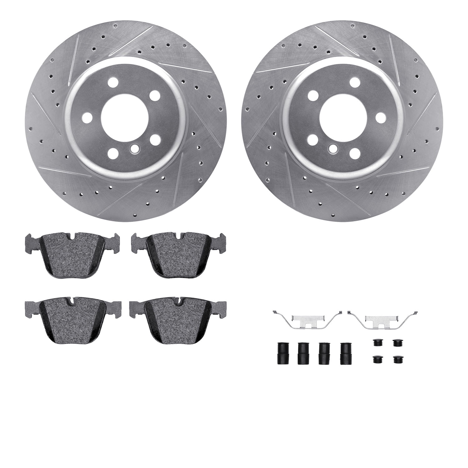 Dynamic Friction Company Rear Brake Rotors-Drilled and Slotted-Silver with 5000 Euro Ceramic Brake Pads includes Hardware 7612-31089