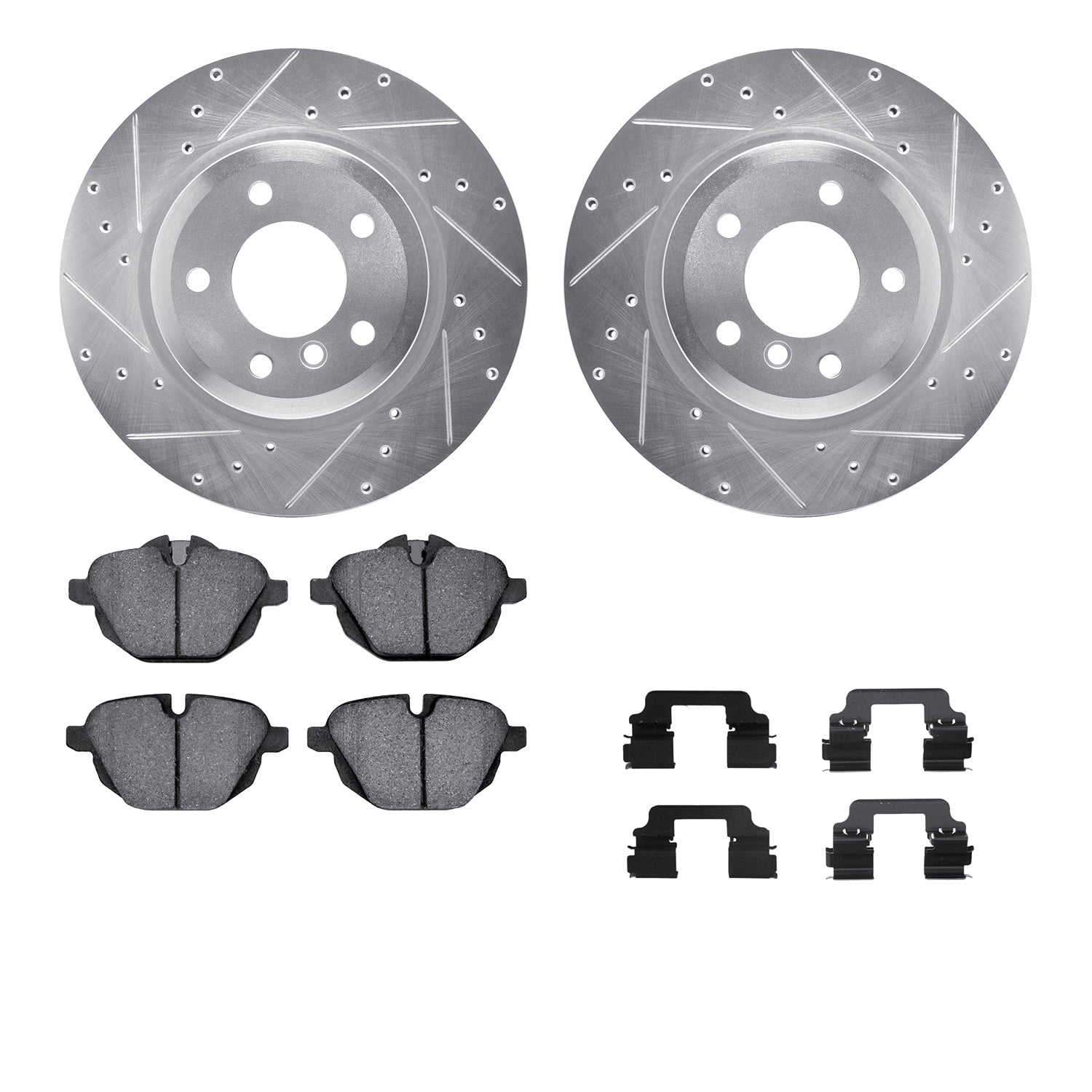 Dynamic Friction Company Rear Brake Rotors-Drilled and Slotted-Silver with 5000 Euro Ceramic Brake Pads includes Hardware 7612-31091