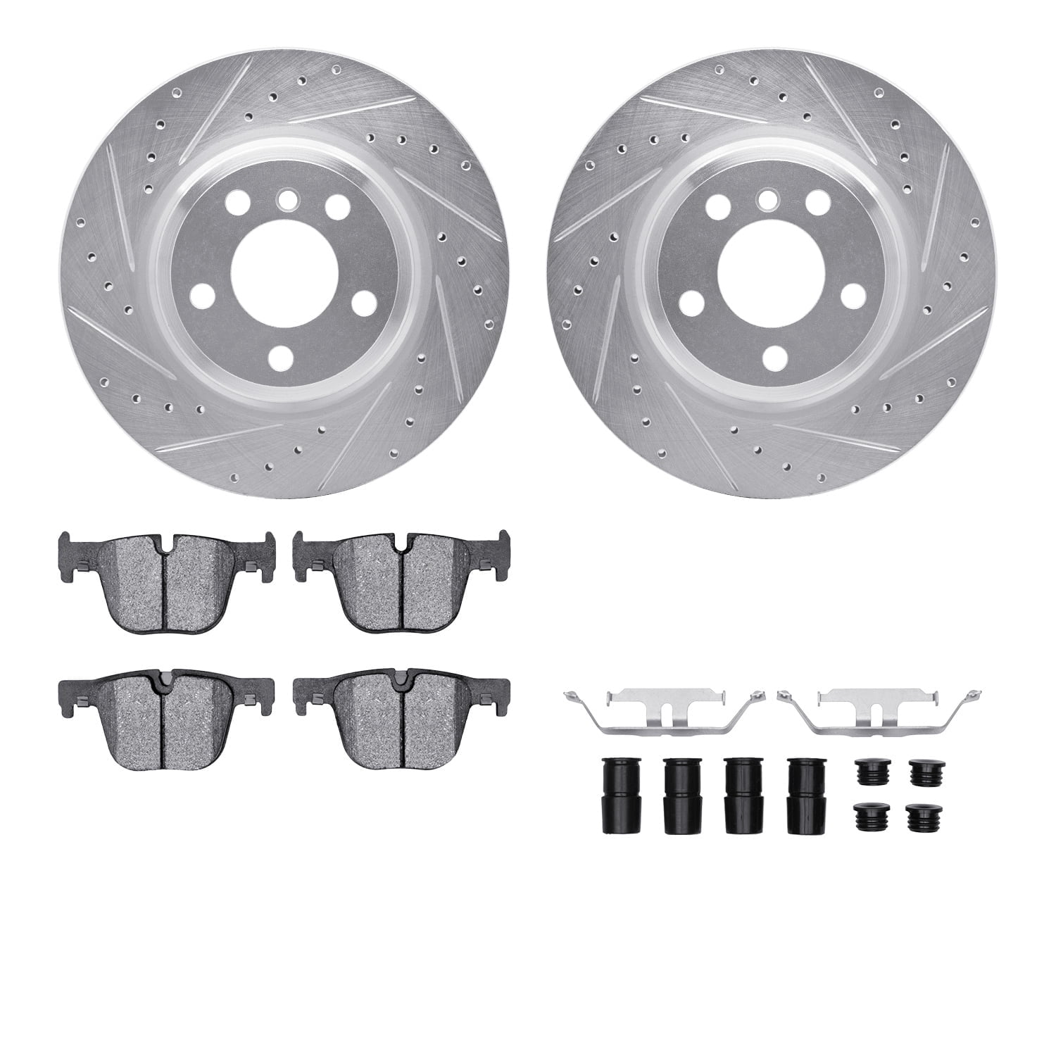 Dynamic Friction Company Rear Brake Rotors-Drilled and Slotted-Silver with 5000 Euro Ceramic Brake Pads includes Hardware 7612-31093