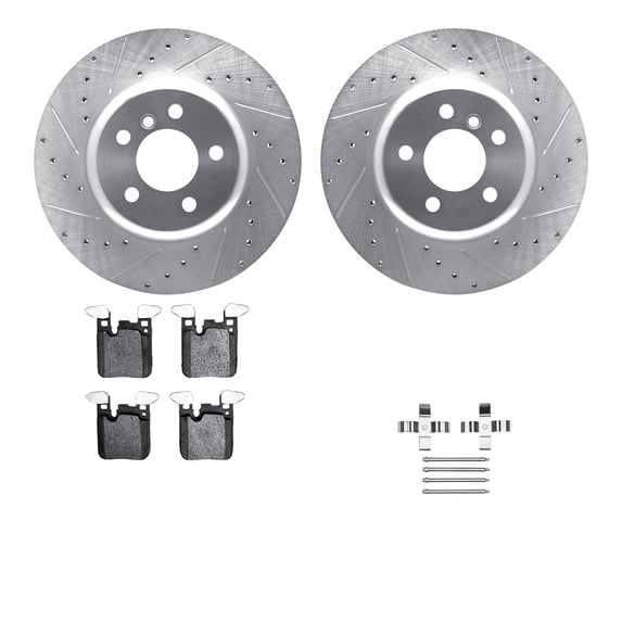 Dynamic Friction Company Rear Brake Rotors-Drilled and Slotted-Silver with 5000 Euro Ceramic Brake Pads includes Hardware 7612-31098