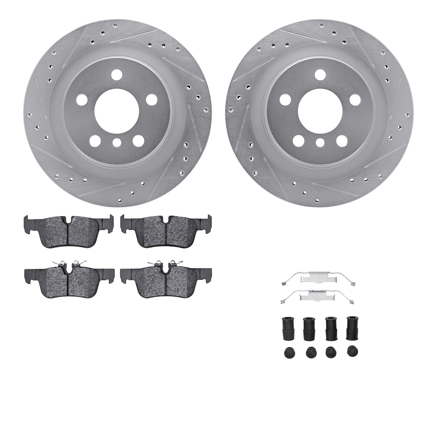 Dynamic Friction Company Rear Brake Rotors-Drilled and Slotted-Silver with 5000 Euro Ceramic Brake Pads includes Hardware 7612-31118