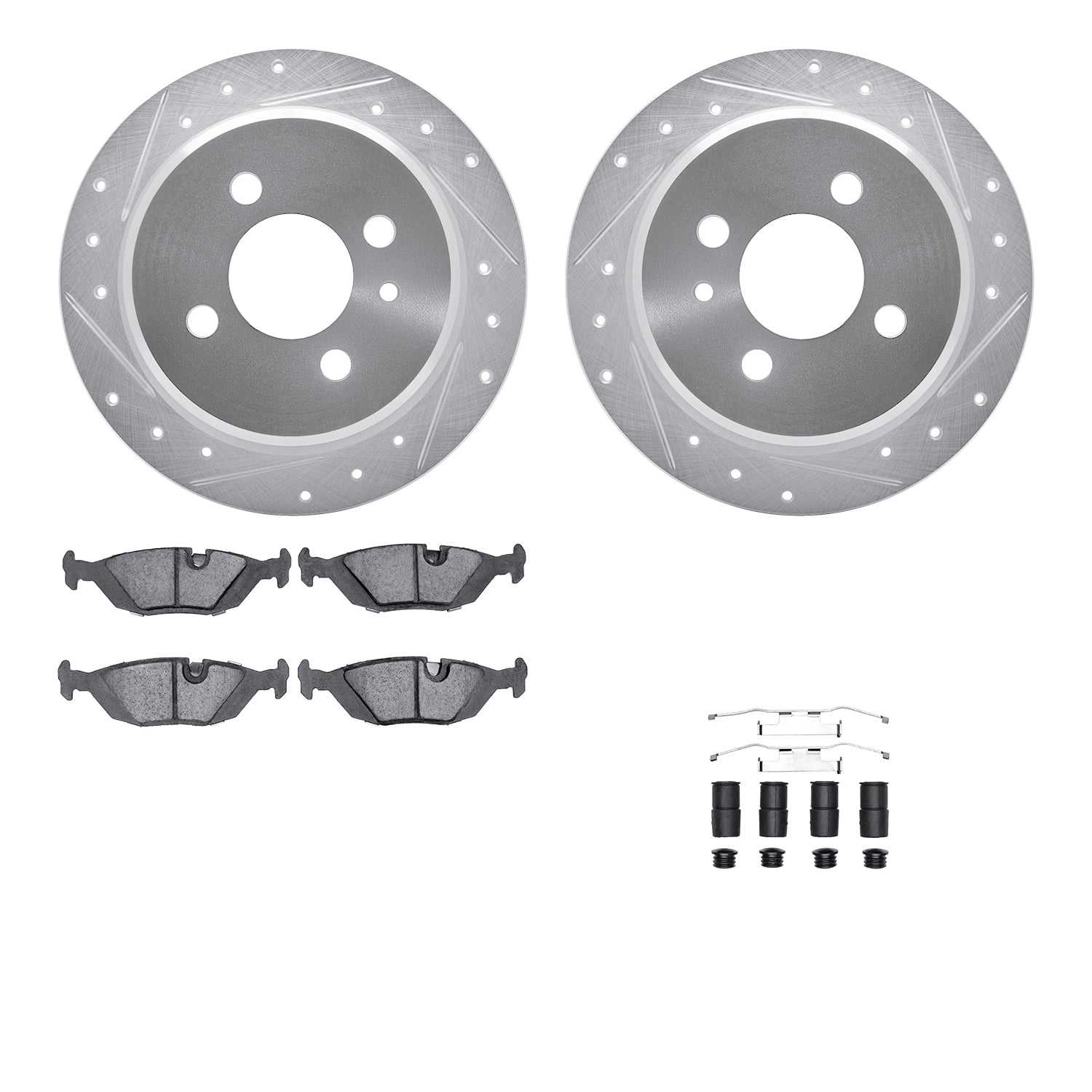 Dynamic Friction Company Rear Brake Rotors-Drilled and Slotted-Silver with 5000 Euro Ceramic Brake Pads includes Hardware 7612-31120