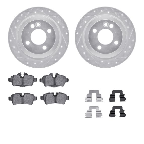 Dynamic Friction Company Rear Brake Rotors-Drilled and Slotted-Silver with 5000 Euro Ceramic Brake Pads includes Hardware 7612-32002