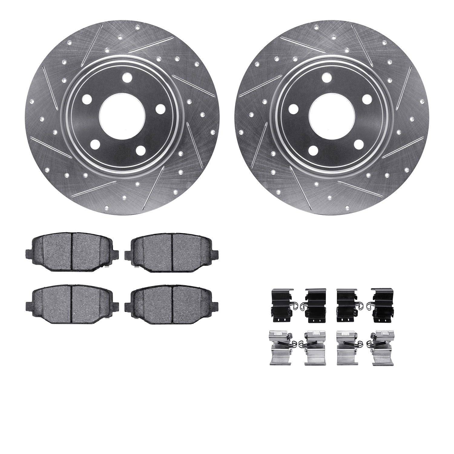 Dynamic Friction Company Rear Brake Rotors-Drilled and Slotted-Silver with 5000 Euro Ceramic Brake Pads includes Hardware 7612-40004