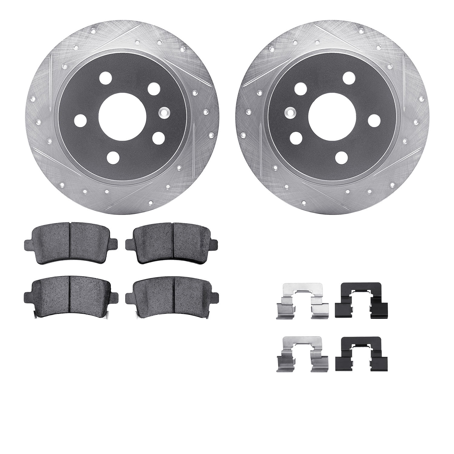 Dynamic Friction Company Rear Brake Rotors-Drilled and Slotted-Silver with 5000 Euro Ceramic Brake Pads includes Hardware 7612-45003