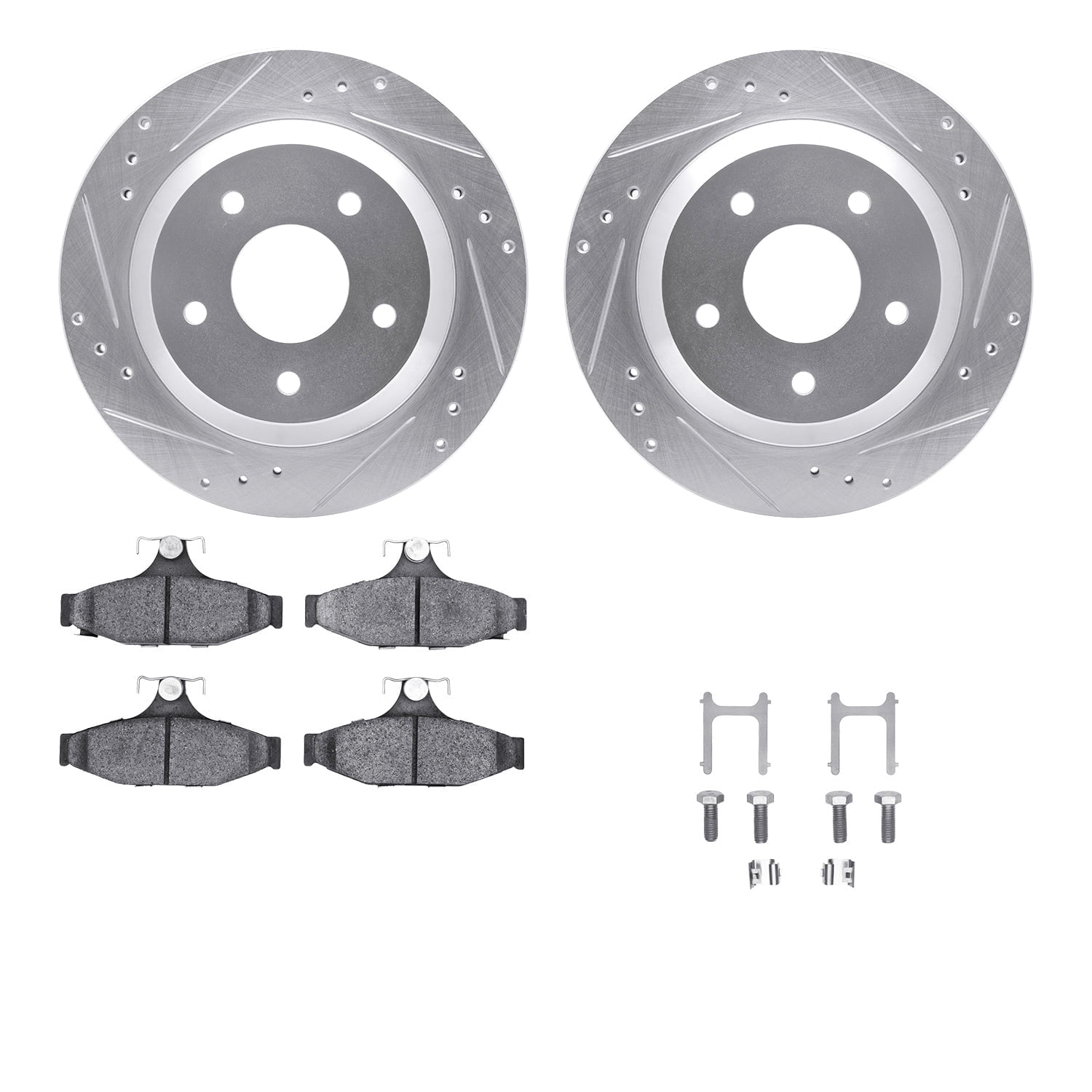 Dynamic Friction Company Rear Brake Rotors-Drilled and Slotted-Silver with 5000 Euro Ceramic Brake Pads includes Hardware 7612-52000