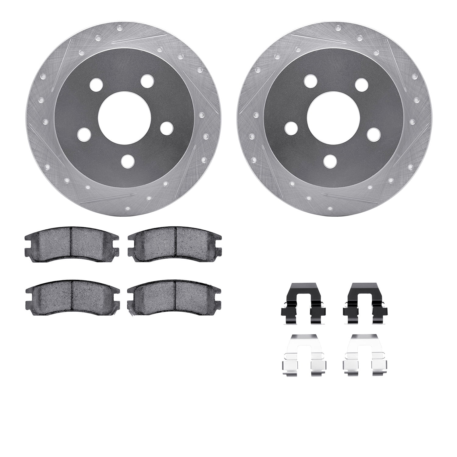 Dynamic Friction Company Rear Brake Rotors-Drilled and Slotted-Silver with 5000 Euro Ceramic Brake Pads includes Hardware 7612-52001