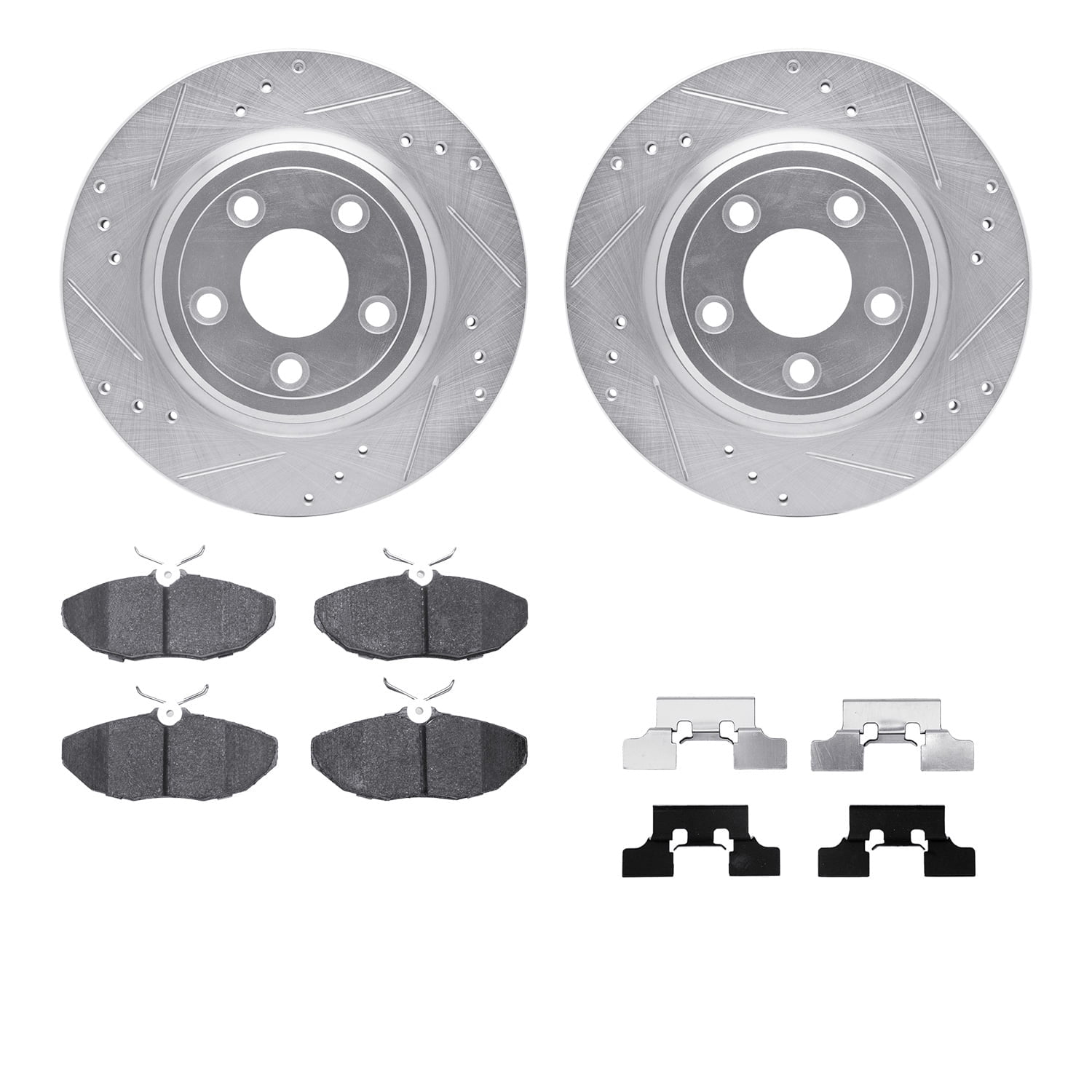Dynamic Friction Company Rear Brake Rotors-Drilled and Slotted-Silver with 5000 Euro Ceramic Brake Pads includes Hardware 7612-54005