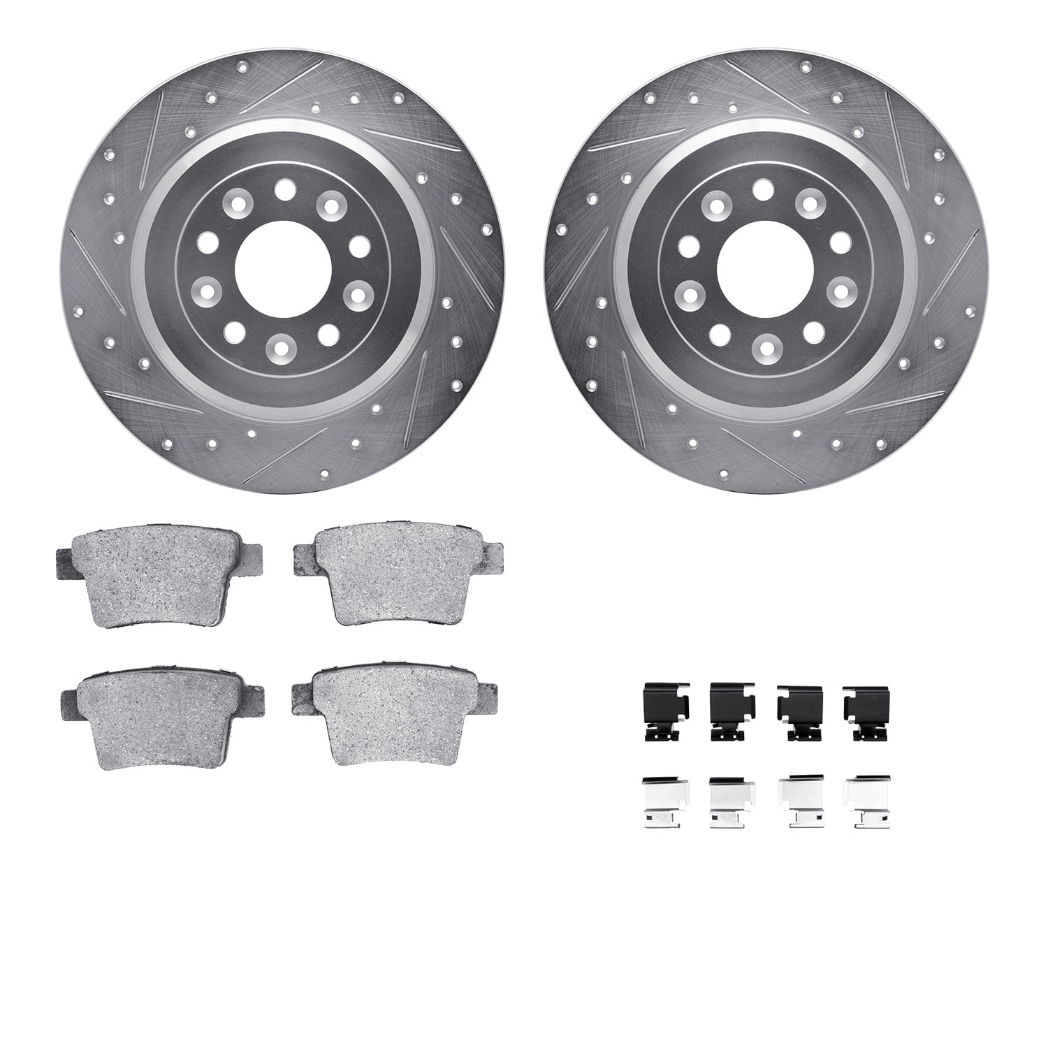 Dynamic Friction Company Rear Brake Rotors-Drilled and Slotted-Silver with 5000 Euro Ceramic Brake Pads includes Hardware 7612-54021