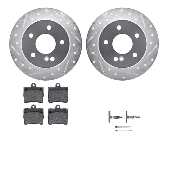 Dynamic Friction Company Rear Brake Rotors-Drilled and Slotted-Silver with 5000 Euro Ceramic Brake Pads includes Hardware 7612-63046